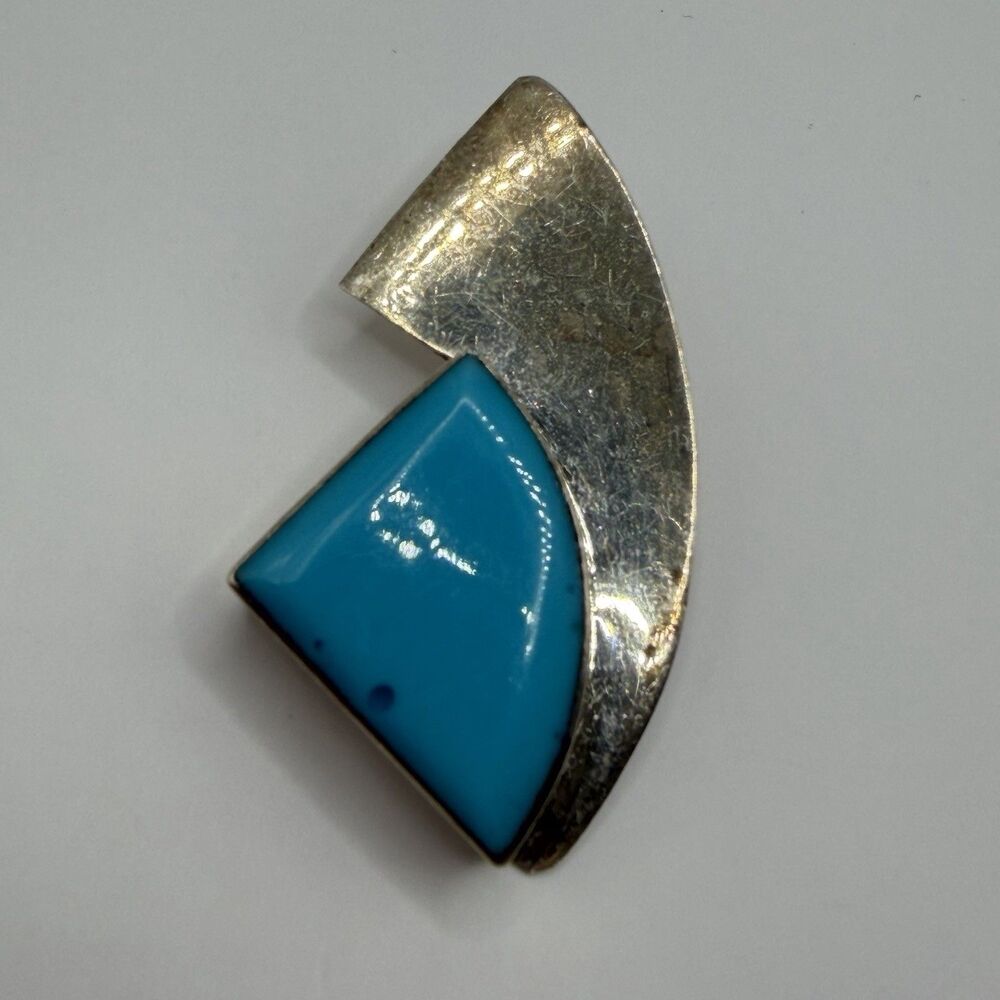 925 Sterling Silver Turquoise Modernist Geometric Brooch Pin 1.5" 10.6g